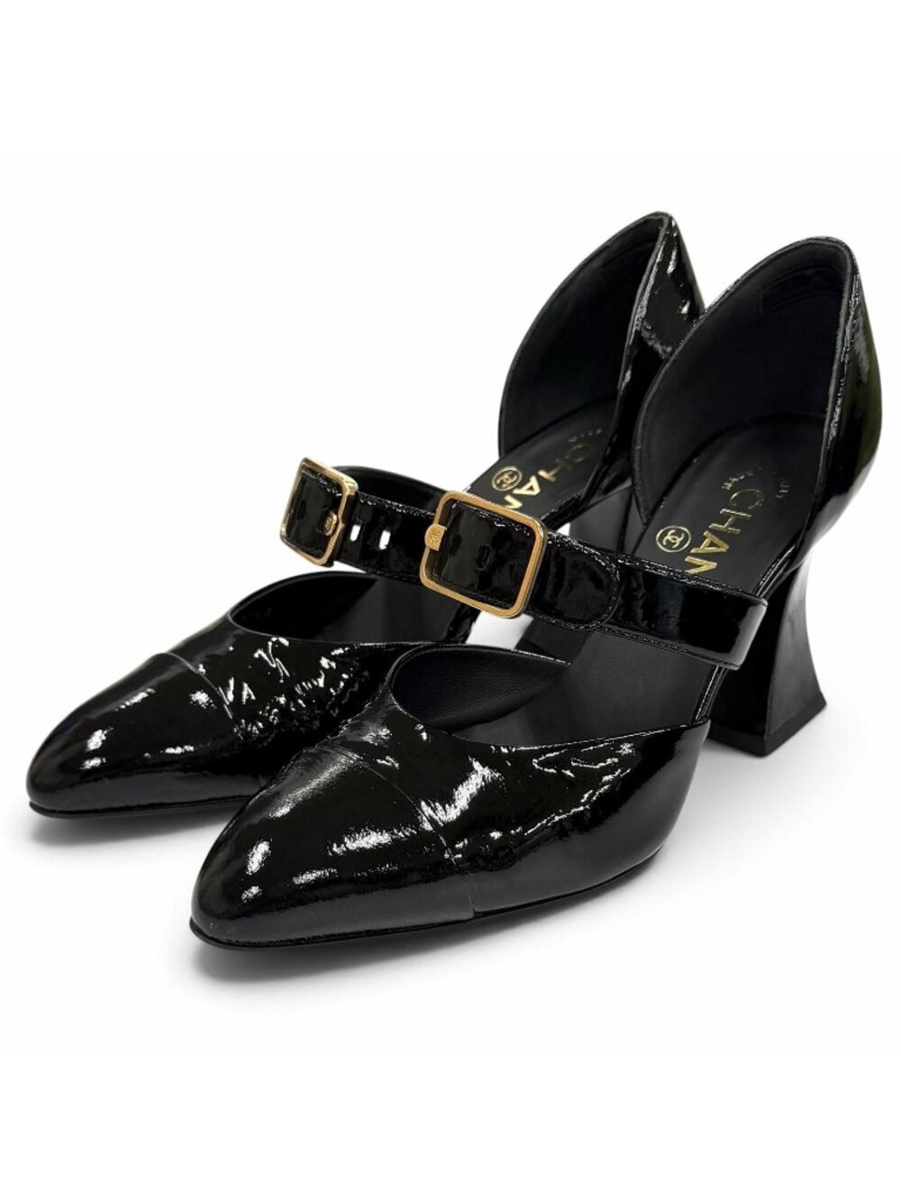 Chanel CC Logo Belt Design Pointed Toe Patent Leather Pumps Black Heels
